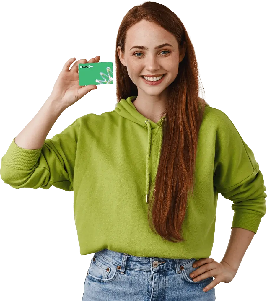 Woman holding a green RoxoGo NFC card