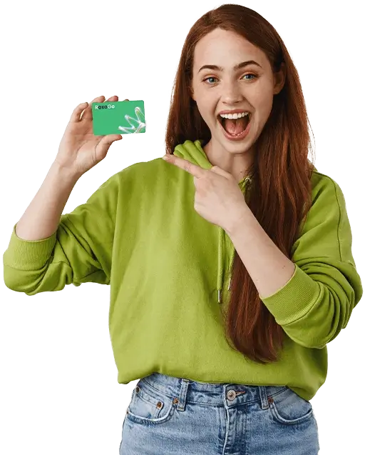 Woman holding and pointing at her RoxoGo NFC card